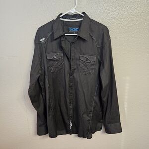 Roar Foundation Black Button Up Long Sleeve Shirt Embossed Sz XL Grunge Y105